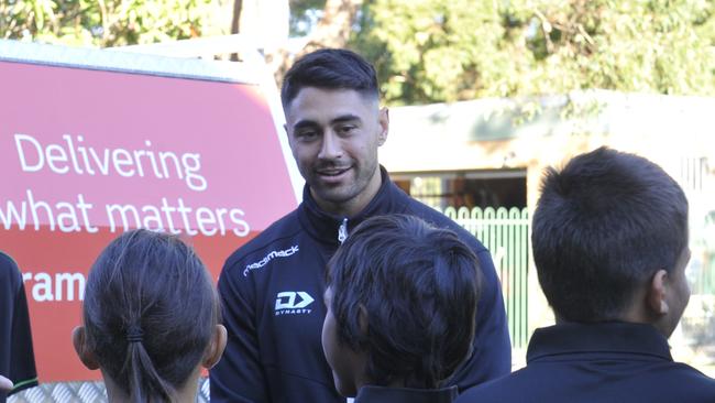 Cronulla Sharks players Shaun Johnson, Wade Graham and Will Chambers visit Orara High School. Sharks major sponsor Aramex made a $5000 donation to the Clontarf Foundation which operates at the school.