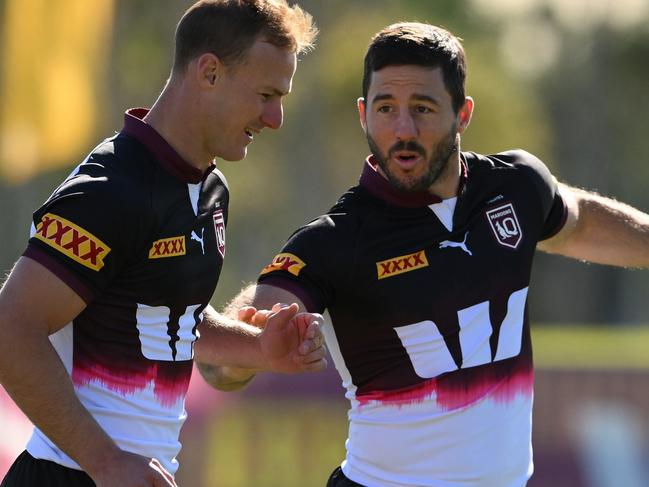 GOLD COAST, AUSTRALIA - JULY 15: Daly Cherry-Evans and Ben Hunt during a Queensland Maroons state of origin squad training session at Sanctuary Cove on July 15, 2024 in Gold Coast, Australia. (Photo by Matt Roberts/Getty Images)