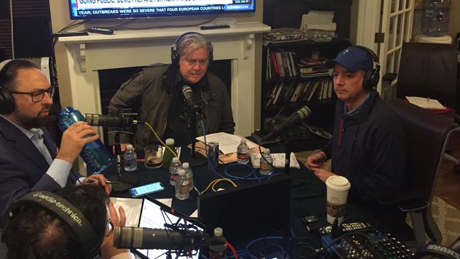 Steve Bannon, centre, on air with Reince Priebus, right. Picture: Cameron Stewart