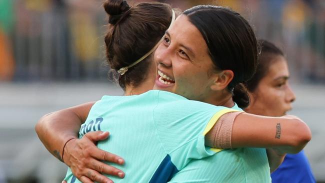 PERTH, AUSTRALIA - OCTOBER 29: Sam Kerr of the Matildas and Caitlin Foord of the Matildas celebrate a goal during the AFC Women's Asian Olympic Qualifier match between Philippines and Australia Matildas at Optus Stadium on October 29, 2023 in Perth, Australia. (Photo by James Worsfold/Getty Images)