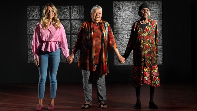 Tandanya marks 30 years with an exhibition from Utopia in the NT, the same region as its very first show. Taking part are three generations from the same family, Jade Torres, 27, her grandmother Barbara Weir, 80, and great grand-aunt Emily Pwerle, 97. Picture: Tricia Watkinson