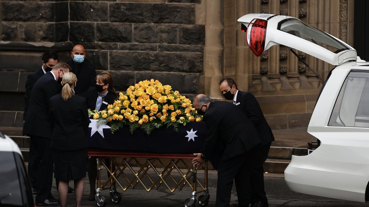 Bert Newton's coffin arrives at St Patrick’s Cathedral in Melbourne. Picture: Alex Coppel