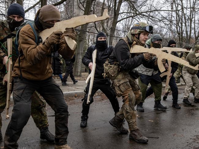 Civilians take part in a military training course conducted in Kyiv, Ukraine. Across Ukraine thousands of civilians are participating in such groups to receive basic combat and survival training as the fear of a Russian invasion continues to escalate. Picture: Getty Images