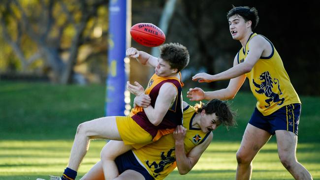 Zac Becker tackling Mitch Guidera during a match between Scotch and St Michael’s in 2019. Becker starred for Scotch during the opening round on Saturday against Trinity. Picture: Morgan Sette