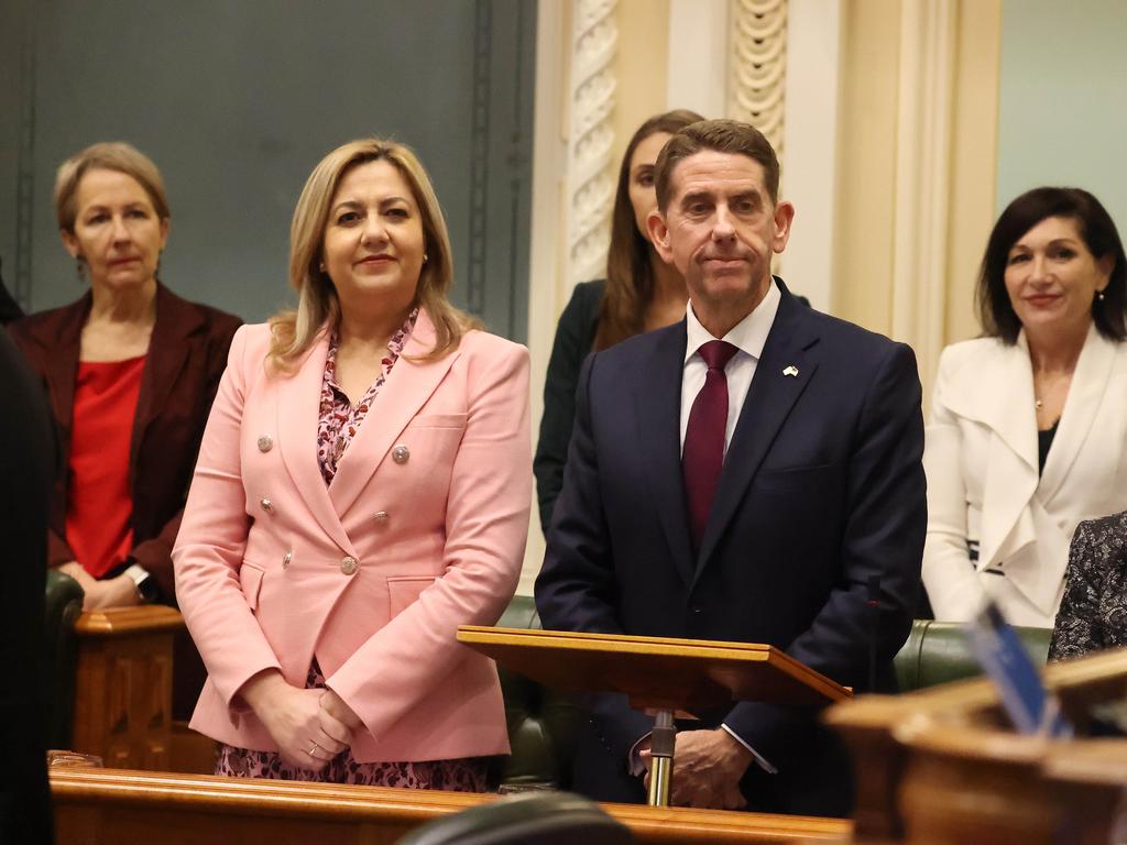 Queensland Premier Annastacia Palaszczuk and Treasurer Cameron Dick, during his budget speech in Parliament House in Brisbane on Tuesday. Picture: Liam Kidston