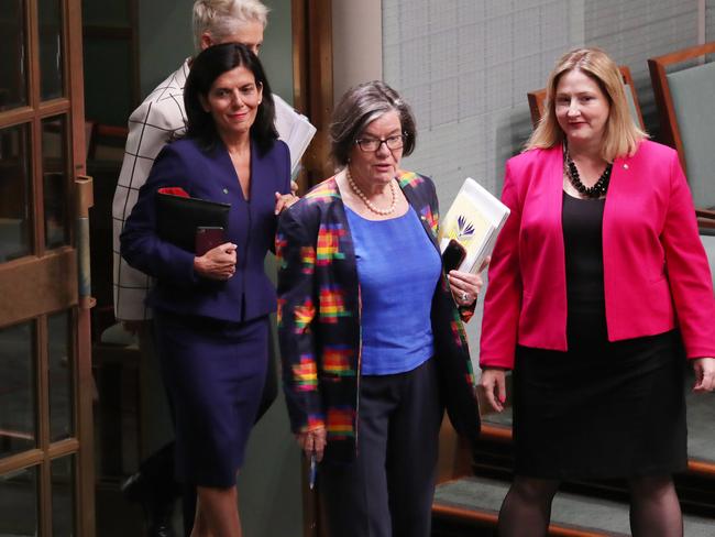 Independents Cathy McGowan, Rebekha Sharkie and Kerryn Phelps with Julia Banks entering the chamber for Question Time. Picture: Gary Ramage