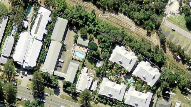 An aerial view of the Wollongbar Motel at 19-21 Shirley St, Byron Bay, which backs on to the rail corridor. Picture: Six Maps