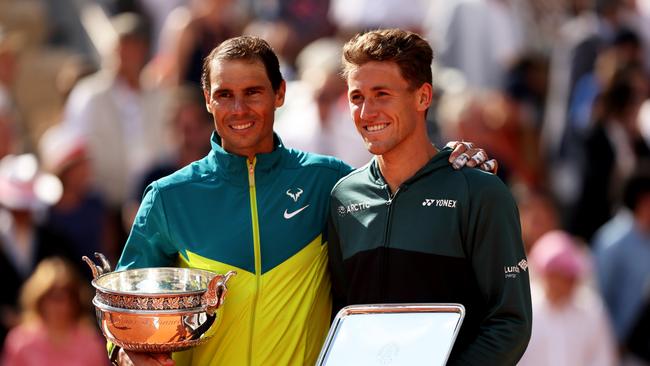 Nadal with defeated finalist Casper Ruud. Picture: Getty