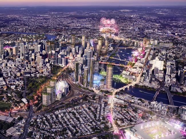 Courier Mail Future BNE campaign Urbis render. Aerial view of proposed ideas for Brisbane Southbank and CBD for the 2032 Olympics.