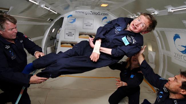 Stephen Hawking floats on a modified jet plane that provides zero gravity jet, in 2007 above the Atlantic Ocean off Florida. Picture: AP/Zero Gravity Corp