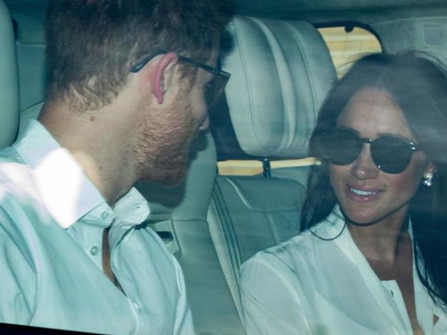 Meghan looked chic in a white shirt, earrings and sunglasses as the couple arrived for a wedding rehearsal. Picture: Paul Edwards/The Sun