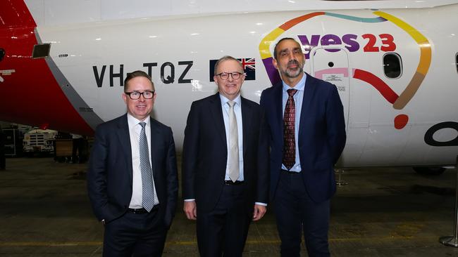 Former Footballer Adam Goodes, Prime Minister Anthony Albanese and Qantas CEO Alan Joyce at the launch of the Qantas 'Yes' Campaign in Sydney. Picture: NCA Newswire / Gaye Gerard