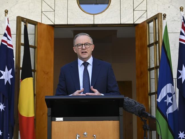 Mr Albanese holds a press conference before leaving for Washington. Picture: NCA NewsWire / Martin Ollman