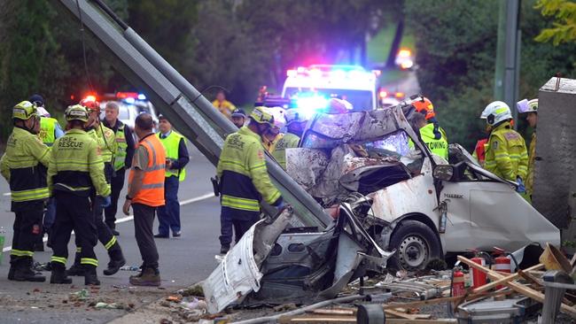 The wreckage of the crash on Mona Vale Road in Terrey Hills that almost killed Mark Peebles. Picture: TNV