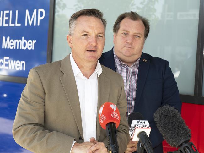 Labor MP Chris Bowen (left) speaks to the media with McEwen federal MP Rob Mitchell, outside his Craigieburn office in February. Picture: Ellen Smith
