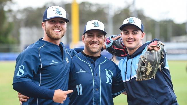 All smiles for Trent D'Antonio (middle) on his final weekend of Blue Sox baseball action. Photo: Mick G Photography