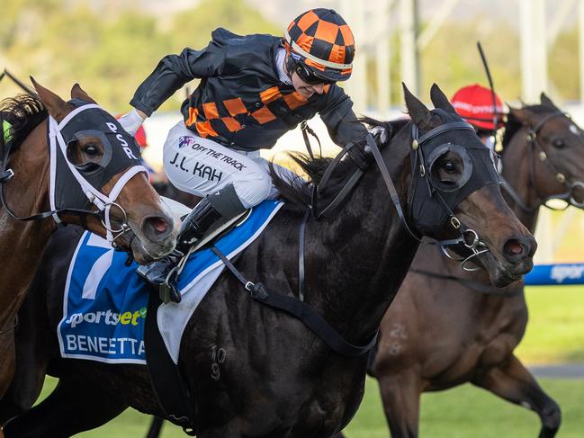 Jamie Kah rides Benedetta to victory in the Group 1 The Goodwood at Morphettville. Picture: Makoto Kankeko
