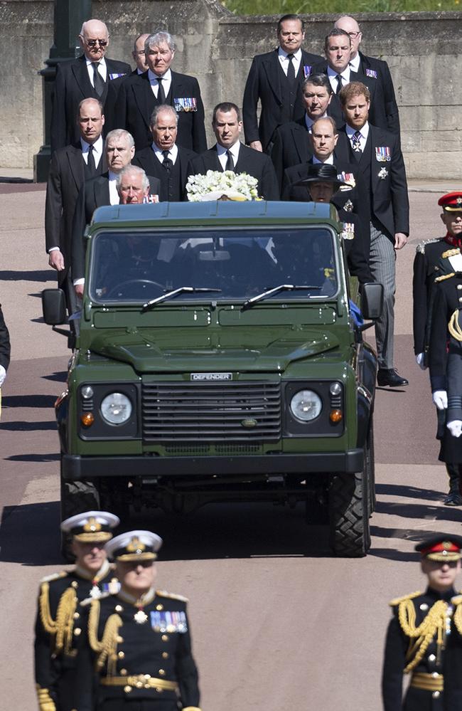 Members of the royal family are seen at the funeral of Prince Philip. Picture: Eddie Mulholland-WPA Pool/Getty Images