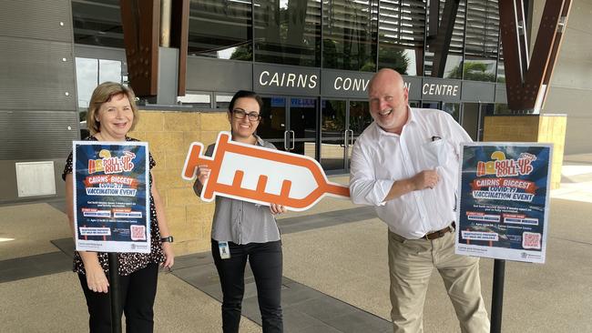 Cairns and Hinterland Hospital and Health Service nursing director Karen Spies, CHHHS Covid-19 vaccination program director Kelly Pollock and CHHHS executive director of medical services Dr Don Mackie promote a mass vaccination hub planned for the Cairns Convention Centre. Picture: Andreas Nicola