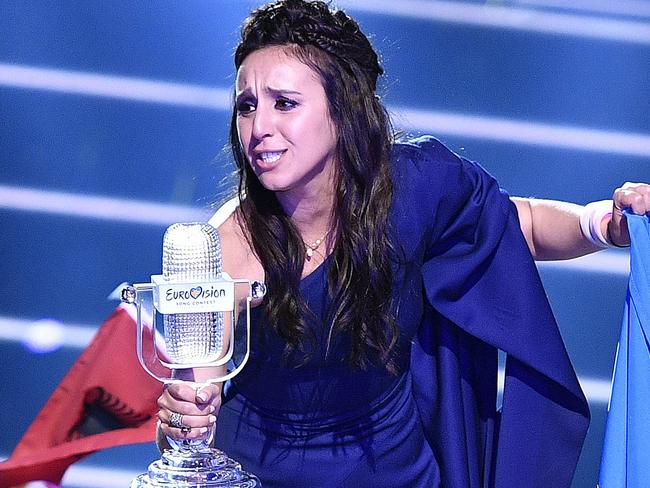 Ukraine's Jamala celebrates with the trophy after winning the Eurovision Song Contest. Picture: AP
