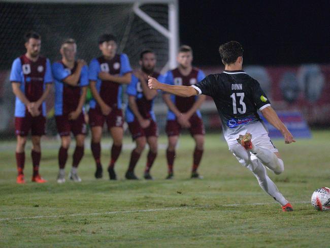 Mackay and Whitsunday Magpies Crusaders United playing against Coomera Colts at Sologinkin Oval for the FFA Cup Round of 32. Lathan Dunn takes a penalty against the Colts.