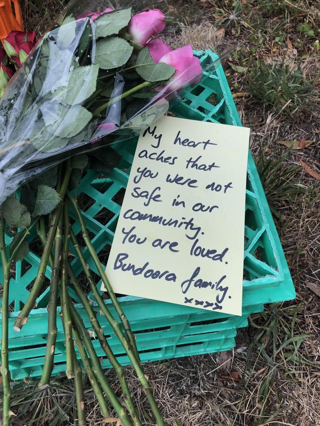 Locals have begun leaving flowers and notes for Aiia. Picture: Aneeka Simonis