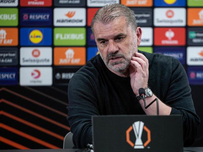 It has been a tough season for Ange Postecoglou but he is within reach of his promise of a trophy in his second season in charge of Spurs. Picture: Stian Lysberg Solum / NTB / AFP