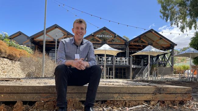 Pretoria Hotel venue manager Brad Harper in the pub's famous beer garden which is set to be relandscaped following recent flood damage. Picture: Dylan Hogarth