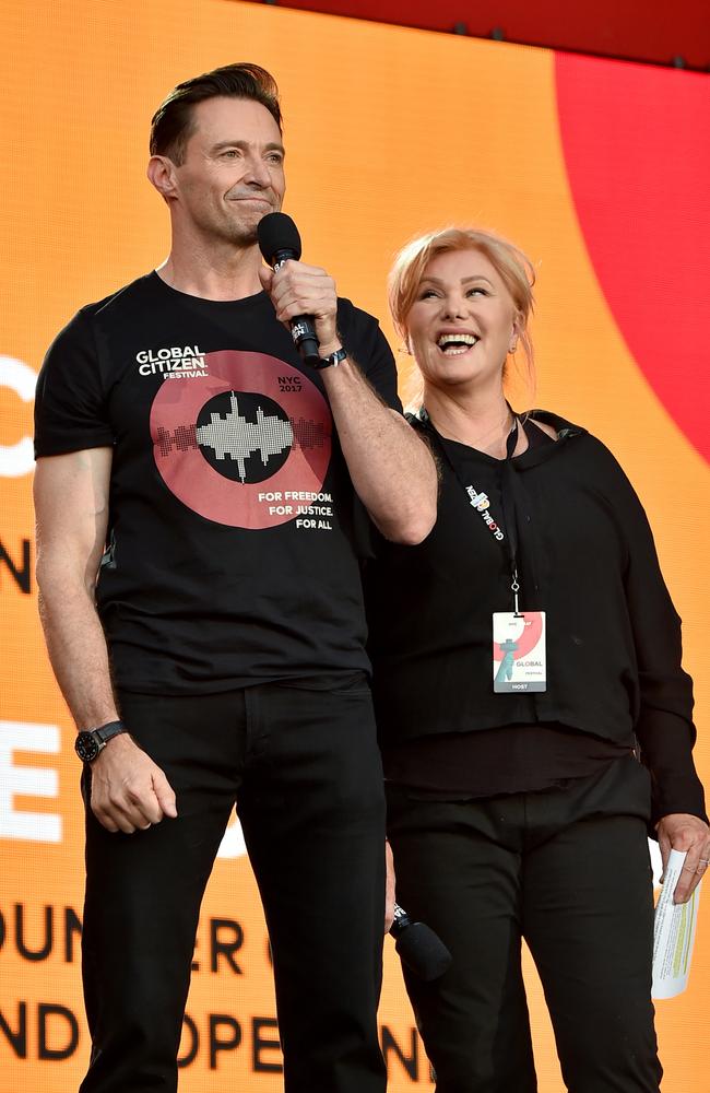 Actor Hugh Jackman and Deborra-Lee Furness onstage during the 2017 Global Citizen Festival: For Freedom. For Justice. For All. in Central Park. Picture: Getty