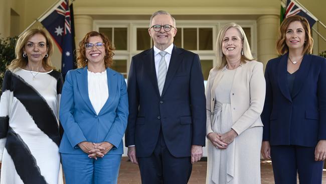 CANBERRA, AUSTRALIA  - NewsWire Photos - January 20, 2025:  Anne Aly, Amanda Rishworth, Prime Minister Anthony Albanese, Senator Katy Gallagher and Anika Wells pose for a group photo at Government House in Canberra. Picture: NewsWire / Martin Ollman