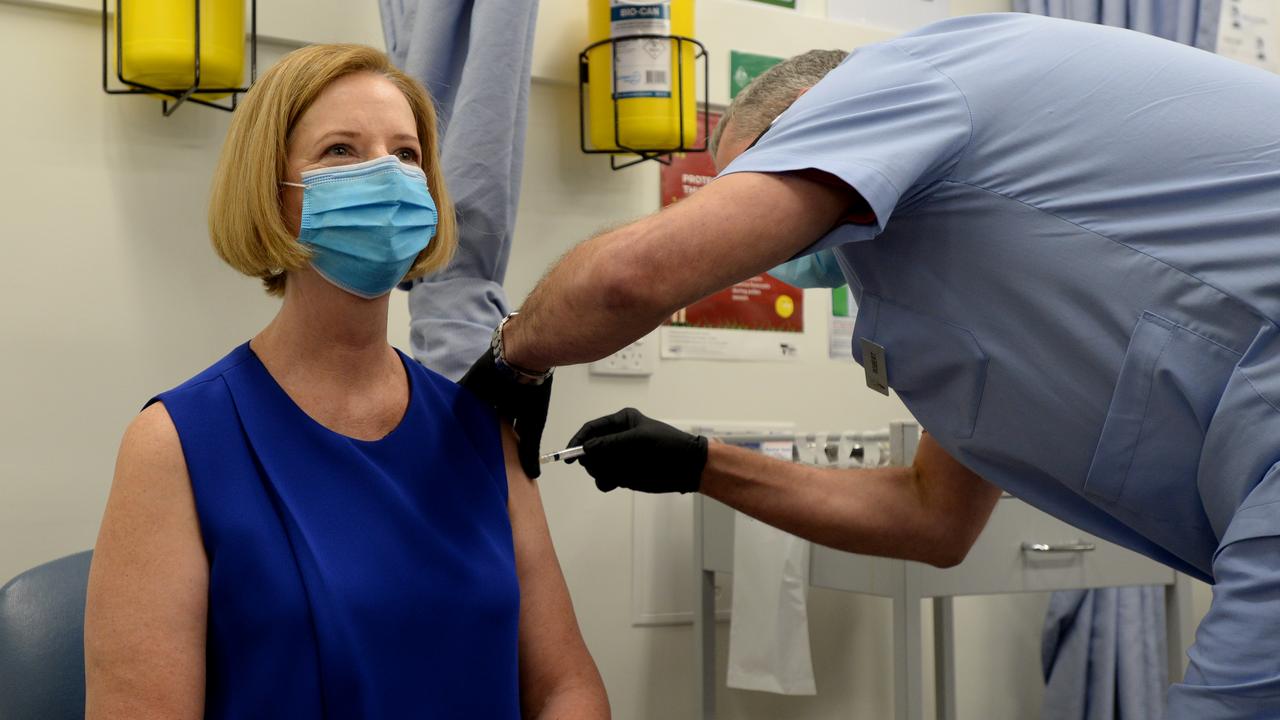 Former Prime Minister Julia Gillard receives her Astrazenica vaccine at the Carrum Downs Respiratory Clinic. Picture: Andrew Henshaw