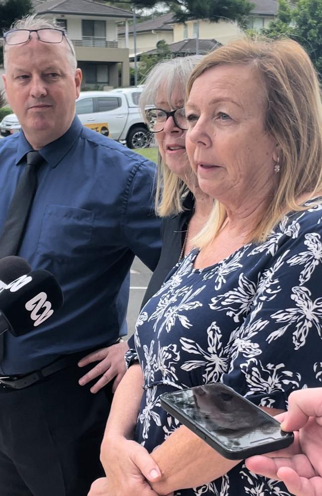 Mary Watson, whose mother Alice Bacon died in the outbreak, speaking to reporters with her family outside the NSW Coroner's Court. Picture: Elizabeth Neil