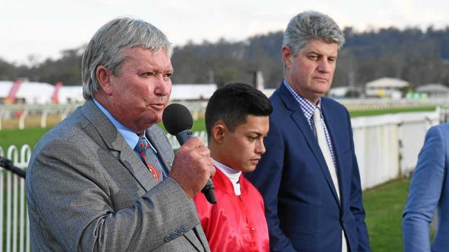 Wayne Patch and Stirling Hinchcliffe during the presentation ceremony of the Ipswich Cup on Saturday. Picture: Rob Williams