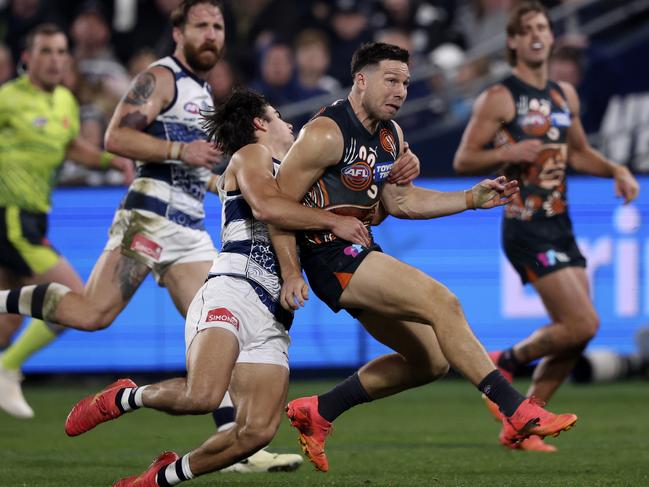 Toby Greene kicks for goal. Picture: Martin Keep/AFL Photos/Getty Images via AFL Photos