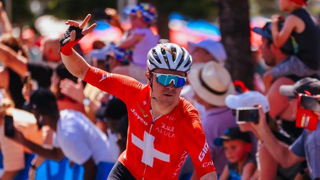 Switzerland's Mauro Schmid of Team Jayco Alula crosses the line to win the 2025 Cadel Evans Great Ocean Road Race in Geelong Picture: AFP