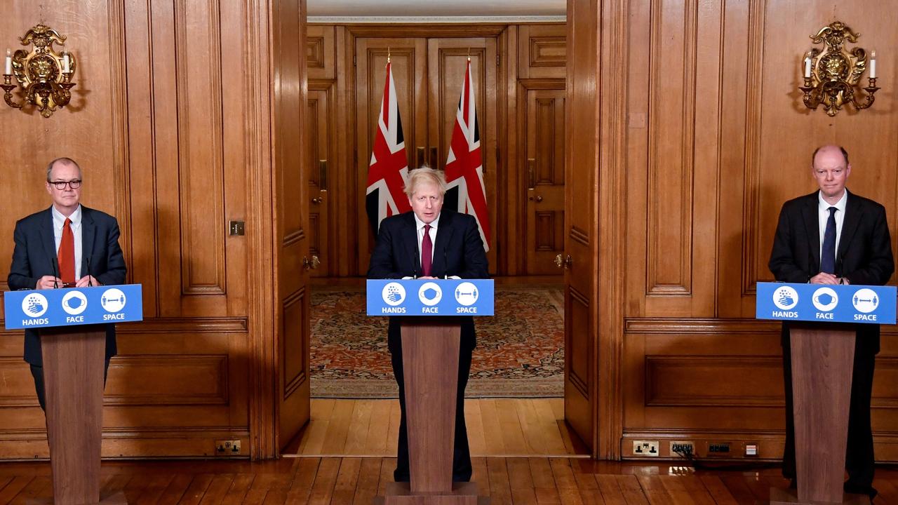 Britain's Prime Minister Boris Johnson (centre), chief medical officer for England Chris Whitty (right) and Britain's chief scientific adviser Patrick Vallance announcing a "stay at home" order for London and southeast England on Saturday. Picture: Toby Melville/AFP