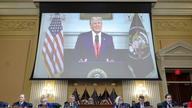 A video of then-President Donald Trump is displayed as the House select committee investigating the Jan. 6 Capitol riot held a hearing this month.