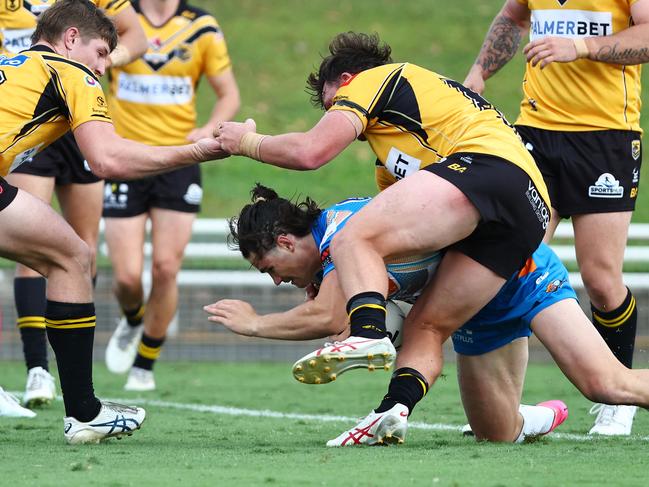 Pride's Tom Chester scores a try in the Hostplus Cup Queensland Rugby League (QRL) match between the Northern Pride and the Sunshine Coast Falcons, held at Barlow Park, Cairns Picture: Brendan Radke