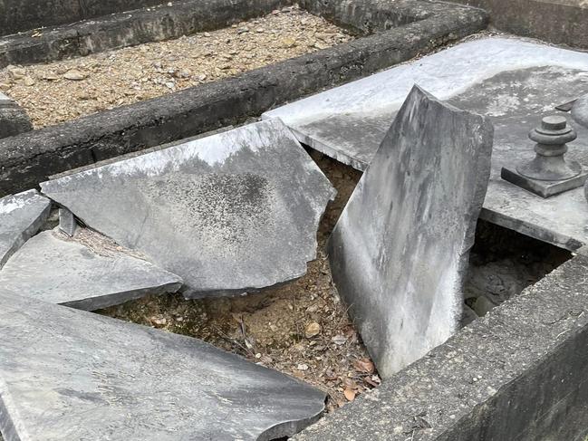 One of the many dilapidated headstones at Toowong Cemetery. Locals are calling for Brisbane City Council to take action as many headstones at the Toowong Cemetery lie in ruin. Source: Facebook.,