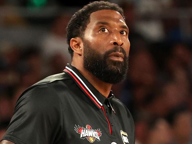 MELBOURNE, AUSTRALIA - MARCH 12: Justin Tatum, Coach of the Hawks looks on during game two of the NBL Grand Final Series between Melbourne United and Illawarra Hawks at John Cain Arena, on March 12, 2025, in Melbourne, Australia. (Photo by Kelly Defina/Getty Images)