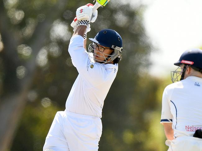 Callan Tishler of Craigieburn bats during the Victorian Turf Cricket Association match between Aberfeldie and Craigieburn at Clifton Park, on February 24, 2024, in Melbourne, Australia. (Photo by Josh Chadwick)