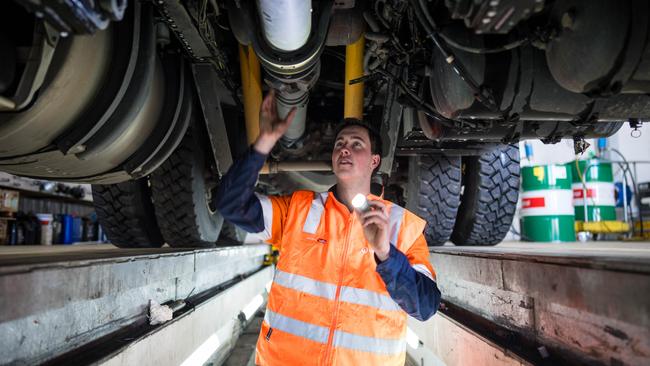 Tasmania’s Apprentice of the Year Ben Barker works as a diesel mechanic with Veolia at Cambridge. Picture: Alastair Bett/Skills Tasmania