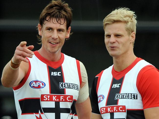 St Kilda football training. Saints talls Justin Koschitzke with Nick Riewoldt.