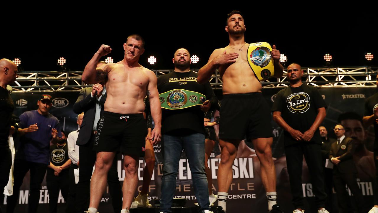 Paul Gallen faces off with opponent Kris Terzievski. Photo by Peter Lorimer/Getty Images