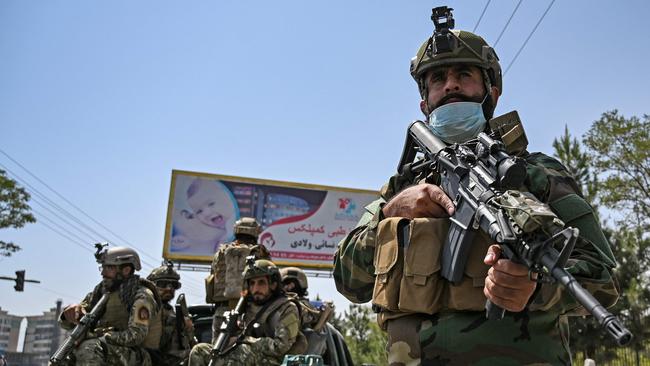 Taliban Fateh fighters, a "special forces" unit, stand guard on a street in Kabul. Picture: AFP