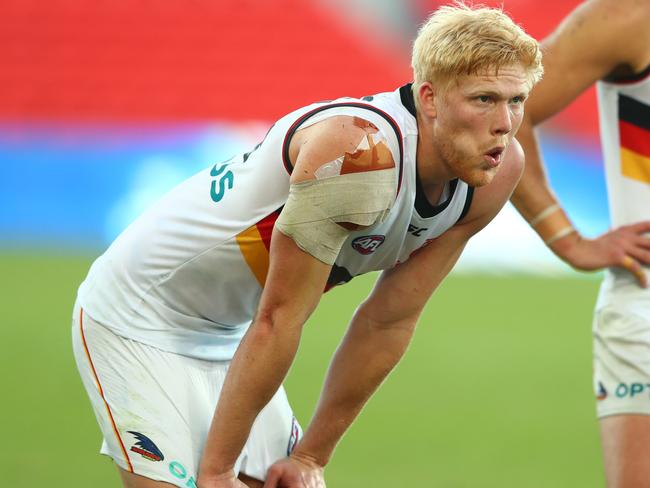 GOLD COAST, AUSTRALIA - AUGUST 01: Crows look on afetr losing the round nine AFL match between North Melbourne Kangaroos and the Adelaide Crows at Metricon Stadium on August 01, 2020 in Gold Coast, Australia. (Photo by Chris Hyde/AFL Photos/via Getty Images)