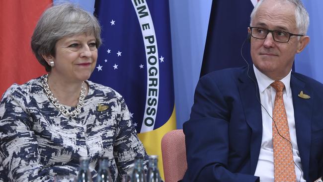 Theresa May with Malcolm Turnbull at the G20. Picture: AP.