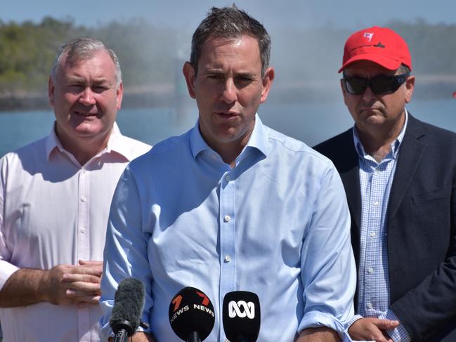 Treasurer Jim Chalmers in Bundaberg, flanked by Mayor Jack Dempsey (left) and Assistant Minister for Regional Development Anthony Chisholm