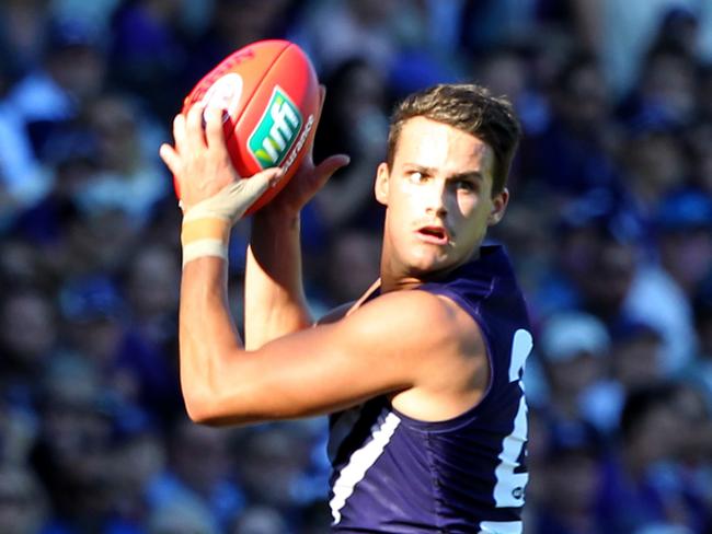 Harley Balic of the Dockers takes a mark during the Round 7 AFL match between the Fremantle Dockers and the Essendon Bombers at Domain Stadium in Perth, Sunday, May 7, 2017. (AAP Image/Richard Wainwright) NO ARCHIVING, EDITORIAL USE ONLY