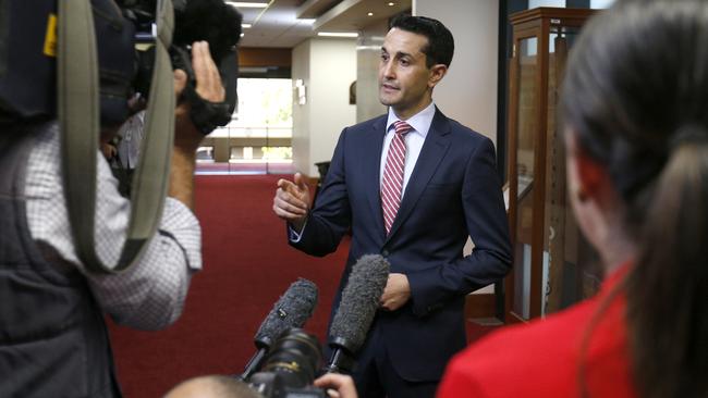 An emotional David Crisafulli entered the LNP party room promising he had never leaked against Ms Frecklington or badmouthed her, and ruled out a challenge. Picture: Steve Pohlner